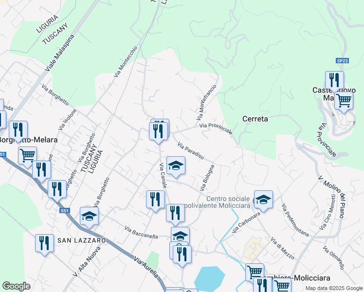 map of restaurants, bars, coffee shops, grocery stores, and more near 1A Via Paradiso in Colombiera-molicciara