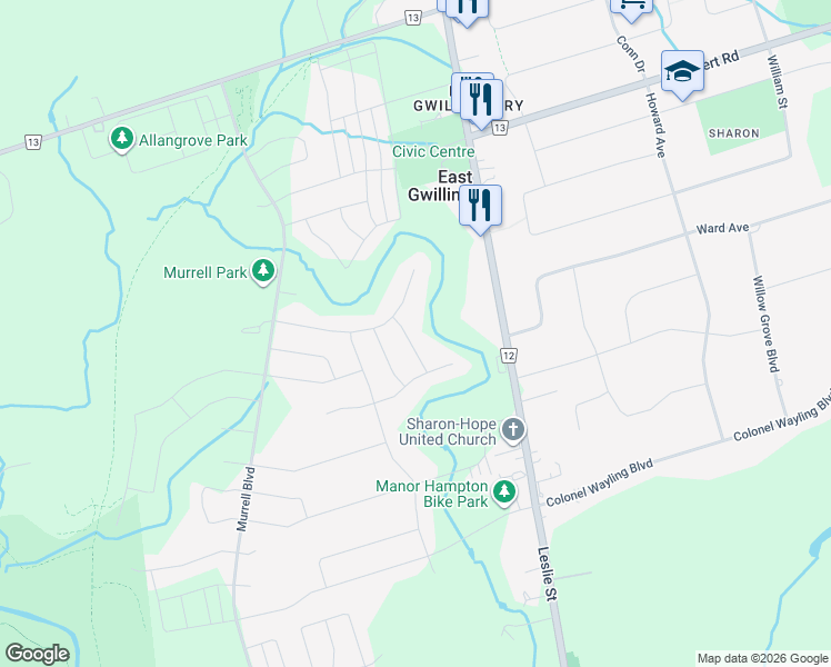 map of restaurants, bars, coffee shops, grocery stores, and more near 13 John Weddell Avenue in East Gwillimbury