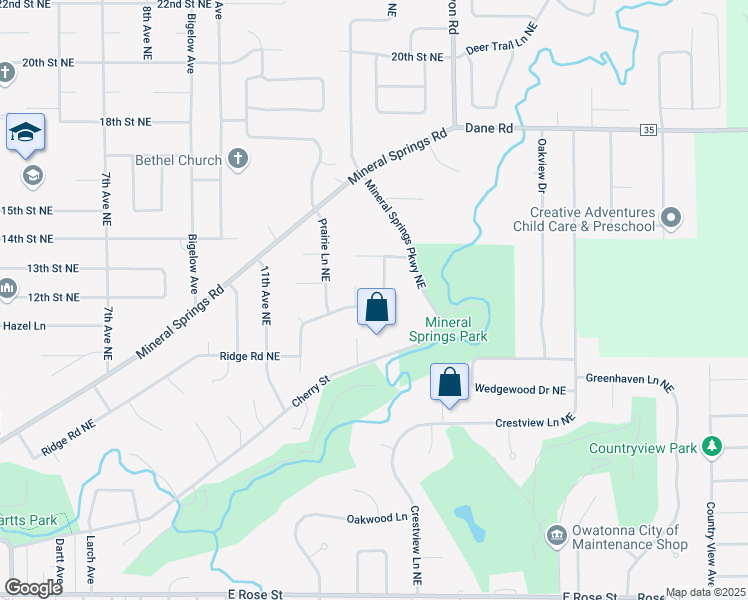 map of restaurants, bars, coffee shops, grocery stores, and more near 1280 Ridge Road Northeast in Owatonna