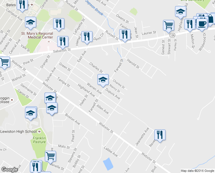 map of restaurants, bars, coffee shops, grocery stores, and more near 97 Farwell Street in Lewiston