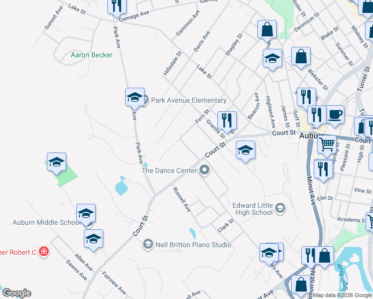 map of restaurants, bars, coffee shops, grocery stores, and more near 20 Dexter Avenue in Auburn