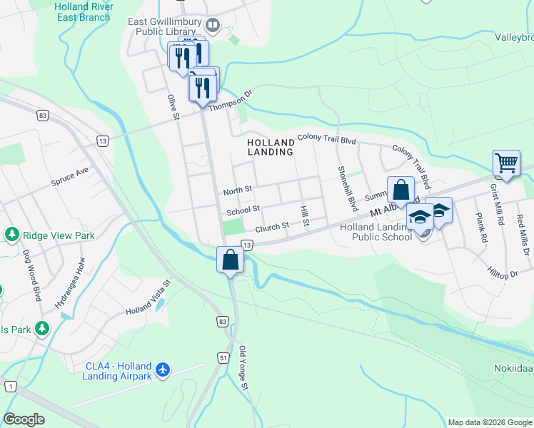 map of restaurants, bars, coffee shops, grocery stores, and more near 211 East Street in East Gwillimbury