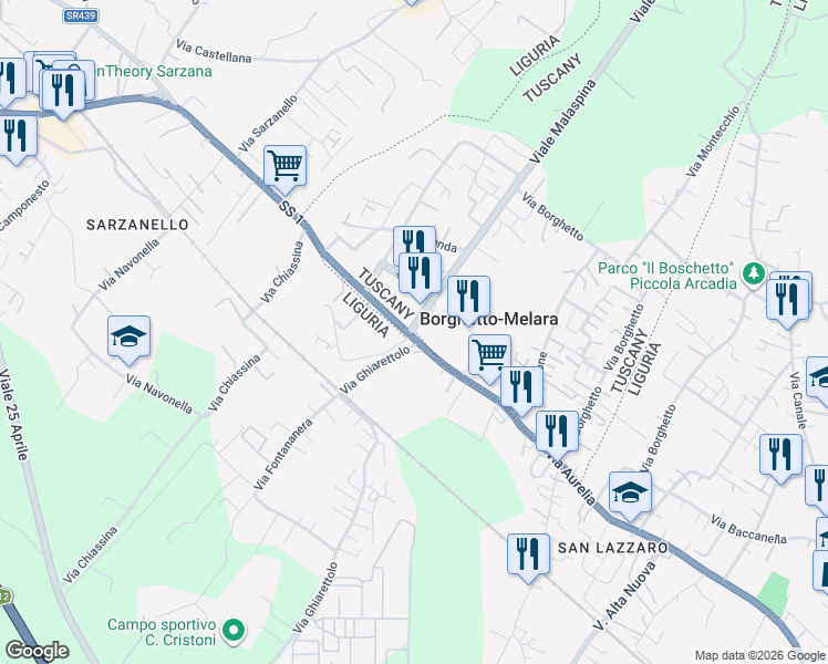 map of restaurants, bars, coffee shops, grocery stores, and more near 54 Strada Statale 1 in Borghetto-melara