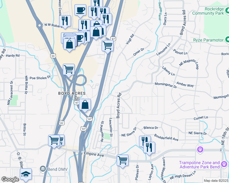 map of restaurants, bars, coffee shops, grocery stores, and more near 63259 Boyd Acres Road in Bend