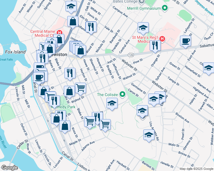 map of restaurants, bars, coffee shops, grocery stores, and more near 106 Walnut Street in Lewiston