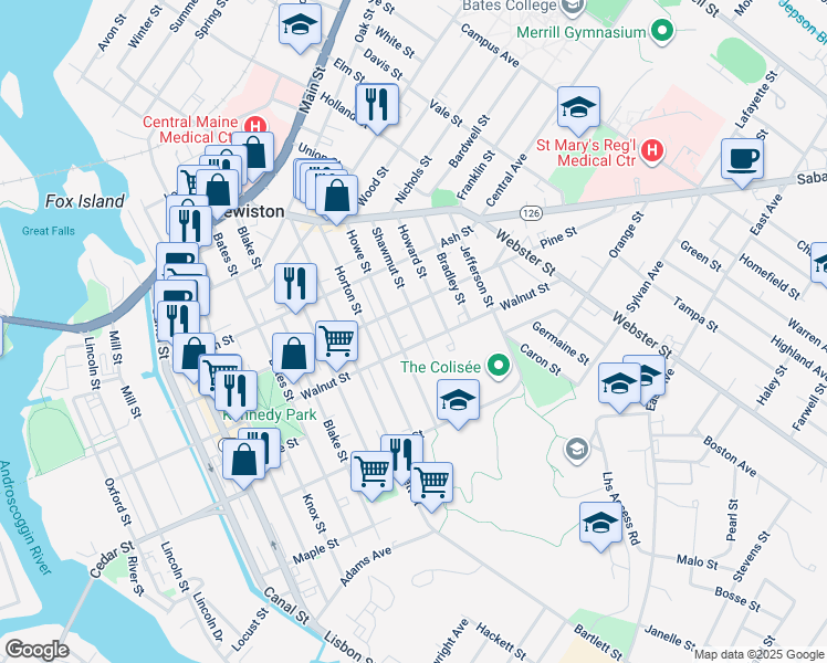 map of restaurants, bars, coffee shops, grocery stores, and more near 92 Howe Street in Lewiston