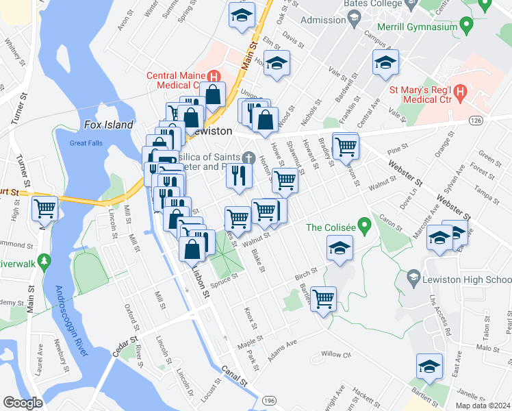 map of restaurants, bars, coffee shops, grocery stores, and more near 56 Pierce Street in Lewiston