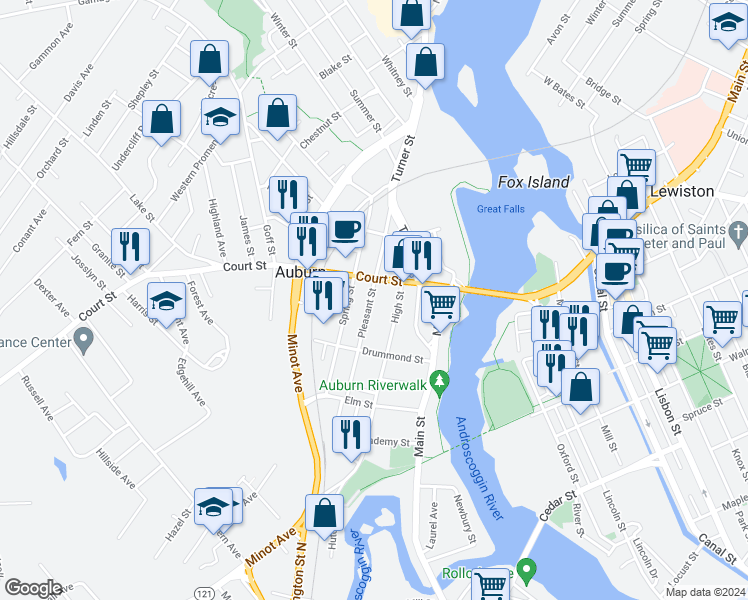 map of restaurants, bars, coffee shops, grocery stores, and more near 83 Pleasant Street in Auburn