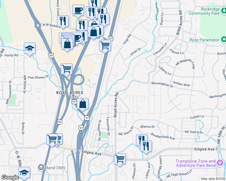 map of restaurants, bars, coffee shops, grocery stores, and more near 63259 Boyd Acres Road in Bend