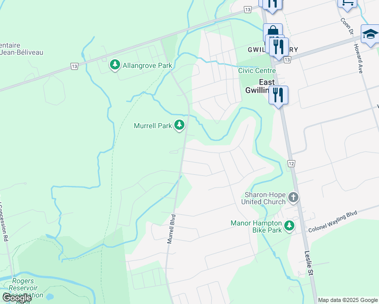 map of restaurants, bars, coffee shops, grocery stores, and more near 25 Briarfield Avenue in East Gwillimbury