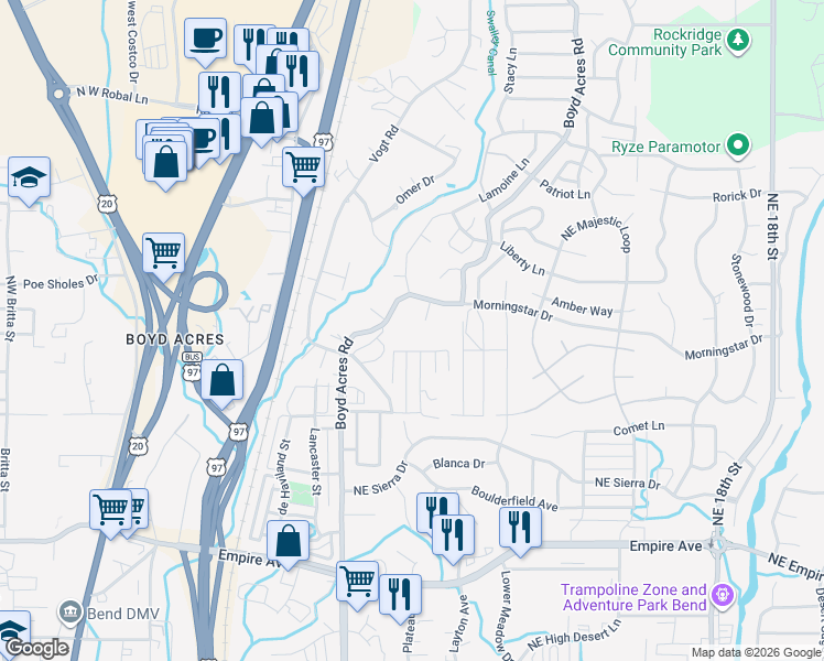 map of restaurants, bars, coffee shops, grocery stores, and more near 20631 White Wing Court in Bend