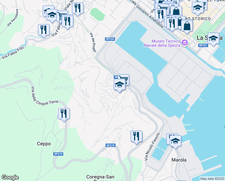 map of restaurants, bars, coffee shops, grocery stores, and more near 45 Via Sant'Antonio Maria Gianelli in La Spezia
