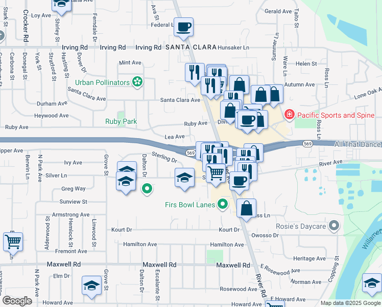 map of restaurants, bars, coffee shops, grocery stores, and more near Randy Pape Beltline in Eugene