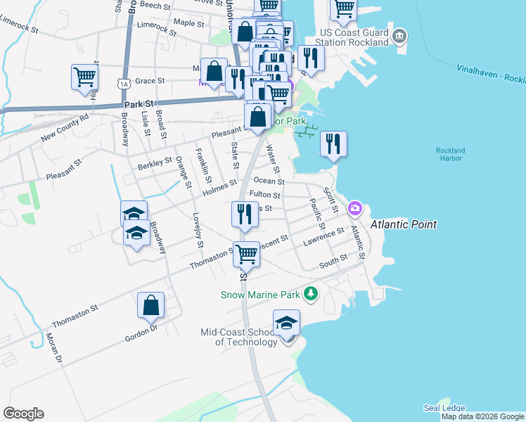map of restaurants, bars, coffee shops, grocery stores, and more near 15 Otis Street in Rockland