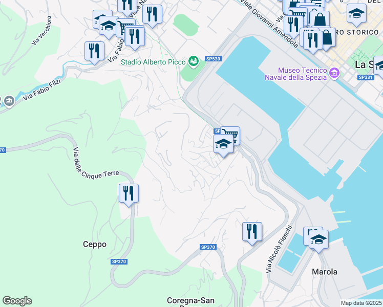 map of restaurants, bars, coffee shops, grocery stores, and more near 89 Via Paverano in La Spezia