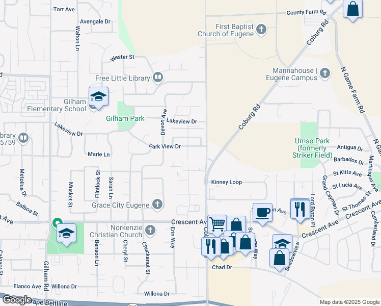 map of restaurants, bars, coffee shops, grocery stores, and more near 3085 Matt Drive in Eugene