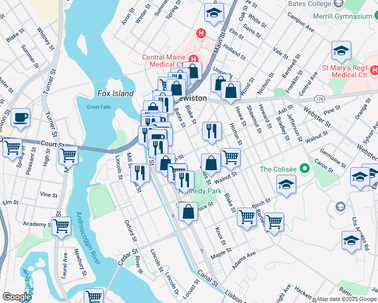 map of restaurants, bars, coffee shops, grocery stores, and more near 66 Ash Street in Lewiston