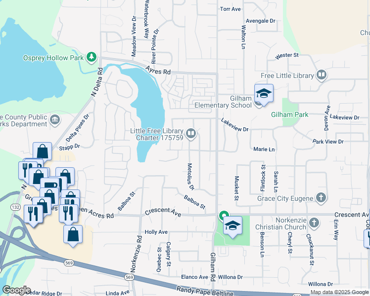 map of restaurants, bars, coffee shops, grocery stores, and more near 3102 Metolius Drive in Eugene