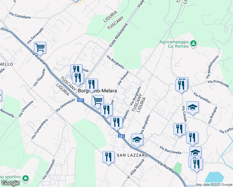 map of restaurants, bars, coffee shops, grocery stores, and more near 72 Via Isolone in Borghetto-melara