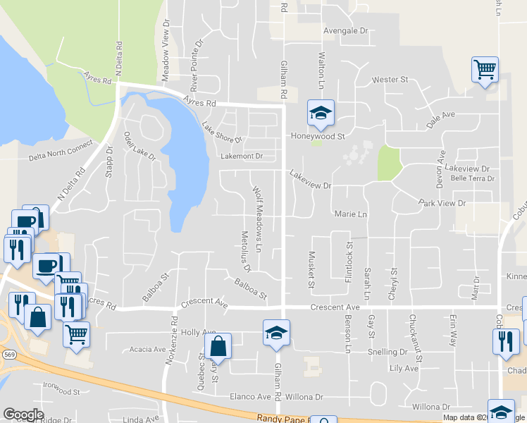 map of restaurants, bars, coffee shops, grocery stores, and more near 3105 Wolf Meadows Lane in Eugene