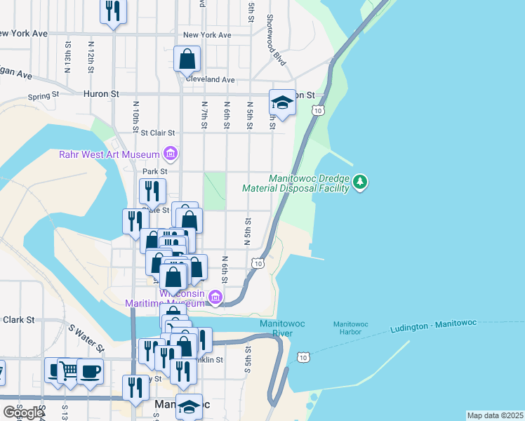 map of restaurants, bars, coffee shops, grocery stores, and more near 407 State Street in Manitowoc