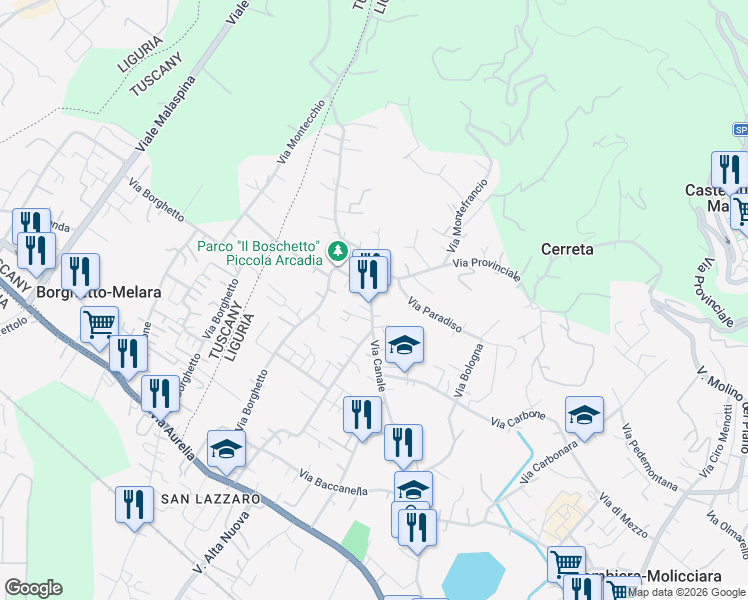 map of restaurants, bars, coffee shops, grocery stores, and more near 128 Via Provinciale in Colombiera-molicciara