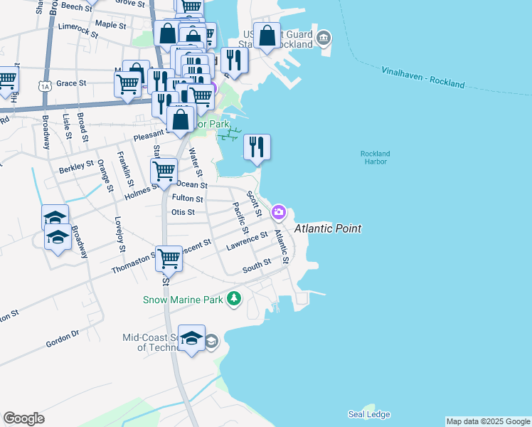 map of restaurants, bars, coffee shops, grocery stores, and more near 80 Crescent Street in Rockland