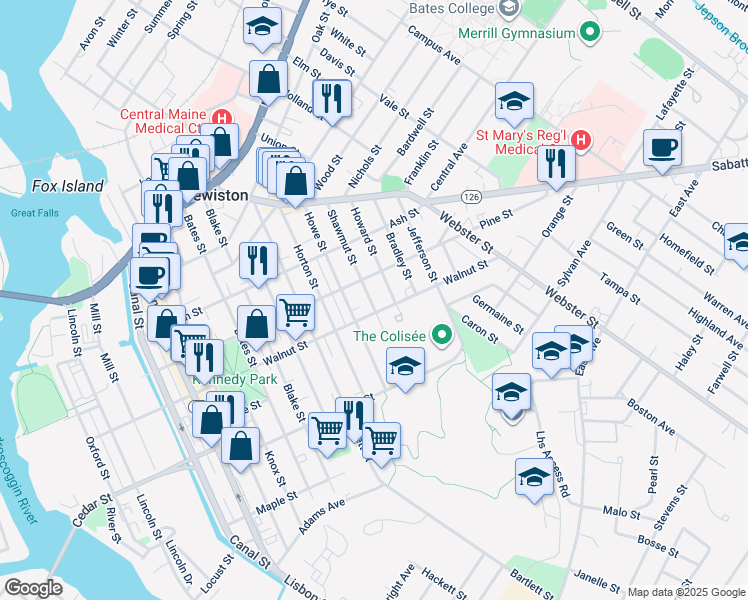 map of restaurants, bars, coffee shops, grocery stores, and more near 106 Walnut Street in Lewiston