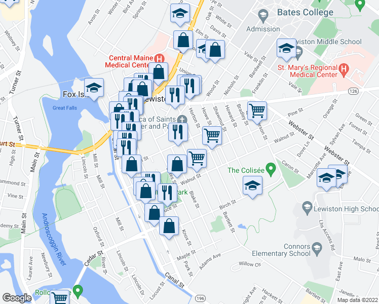 map of restaurants, bars, coffee shops, grocery stores, and more near 56 Pierce Street in Lewiston