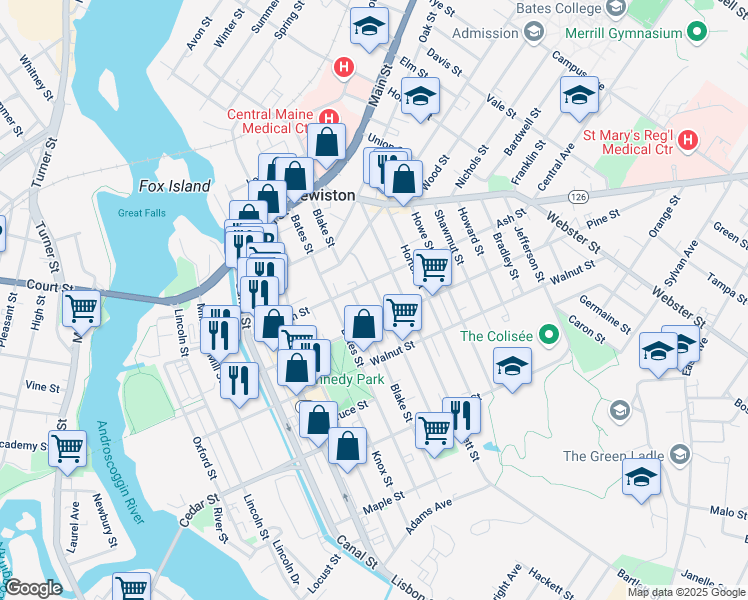 map of restaurants, bars, coffee shops, grocery stores, and more near 56 Pierce Street in Lewiston