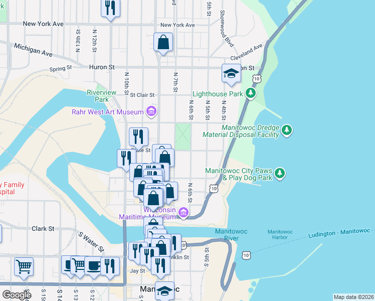 map of restaurants, bars, coffee shops, grocery stores, and more near 605 State Street in Manitowoc