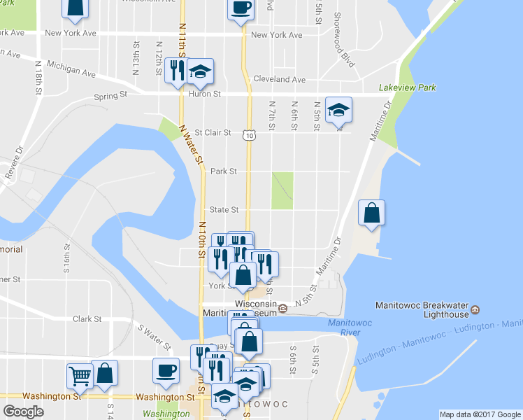map of restaurants, bars, coffee shops, grocery stores, and more near 709 State Street in Manitowoc