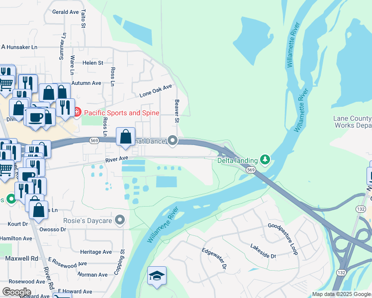 map of restaurants, bars, coffee shops, grocery stores, and more near 725 River Avenue in Eugene
