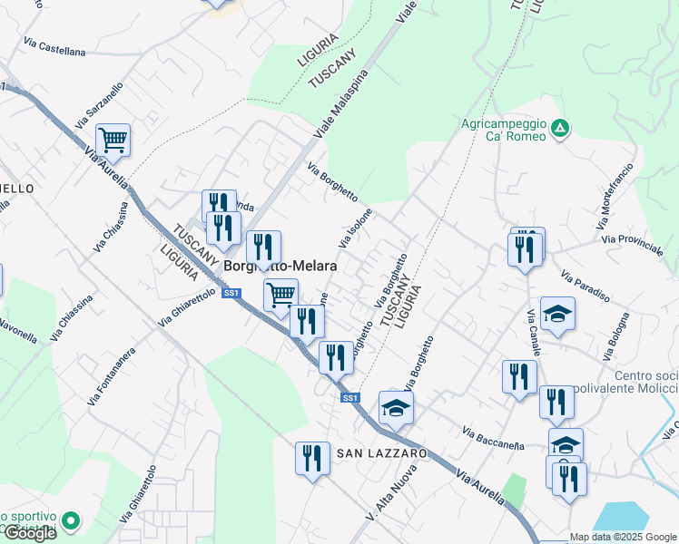 map of restaurants, bars, coffee shops, grocery stores, and more near 72 Via Isolone in Borghetto-melara