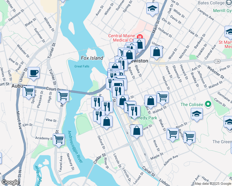 map of restaurants, bars, coffee shops, grocery stores, and more near 71 Lisbon Street in Lewiston