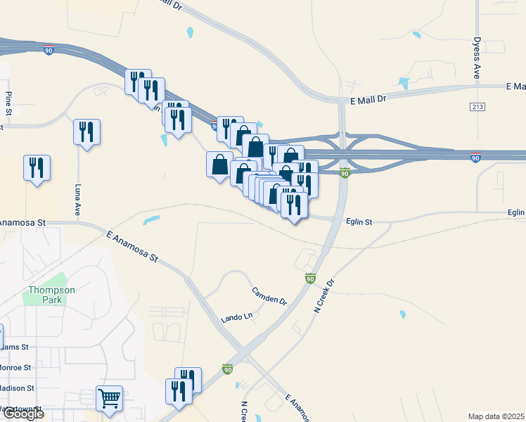 map of restaurants, bars, coffee shops, grocery stores, and more near 1725 Eglin Street in Rapid City