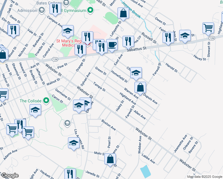 map of restaurants, bars, coffee shops, grocery stores, and more near 15 Highland Avenue in Lewiston
