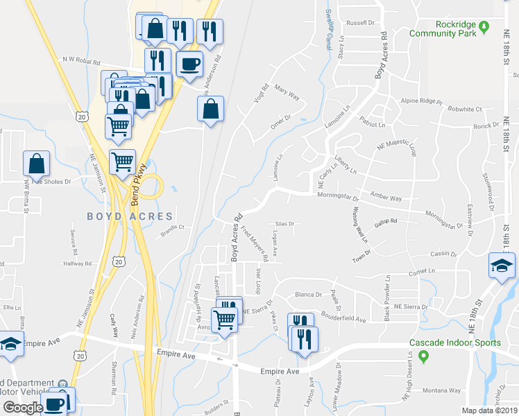 map of restaurants, bars, coffee shops, grocery stores, and more near 63265 Boyd Acres Road in Bend