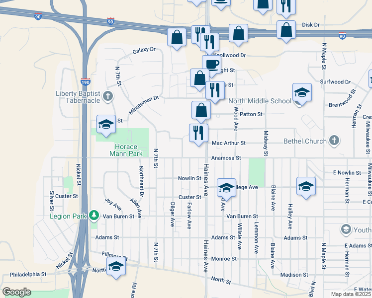 map of restaurants, bars, coffee shops, grocery stores, and more near 1201 Atlas Street in Rapid City