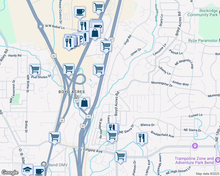 map of restaurants, bars, coffee shops, grocery stores, and more near 63259 Boyd Acres Road in Bend