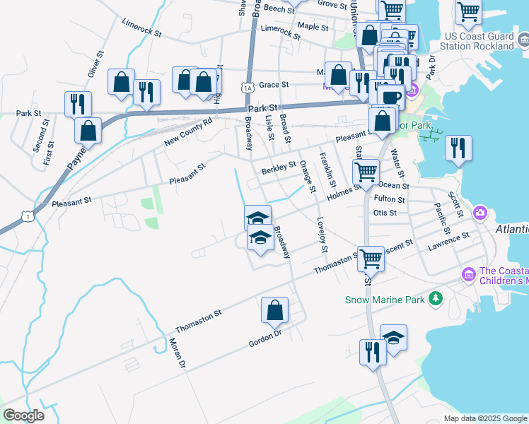 map of restaurants, bars, coffee shops, grocery stores, and more near 83 Holmes Street in Rockland