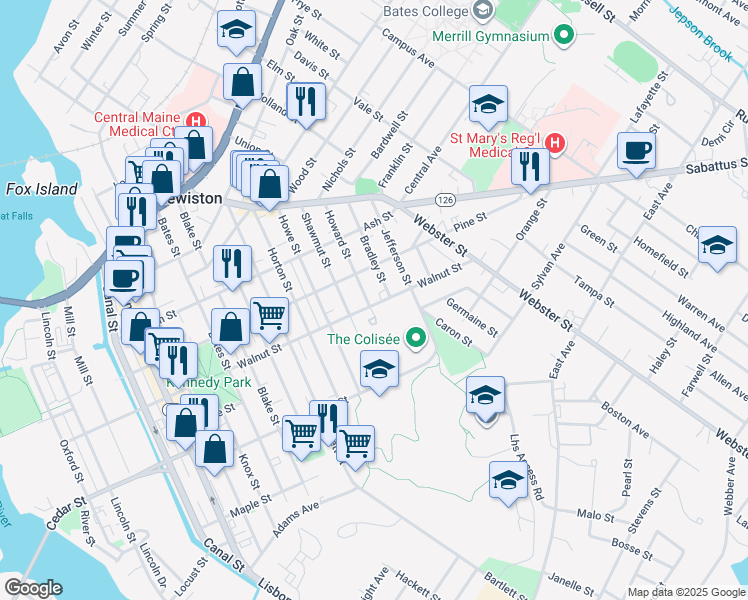 map of restaurants, bars, coffee shops, grocery stores, and more near 106 Walnut Street in Lewiston