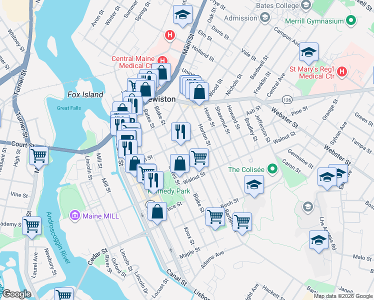 map of restaurants, bars, coffee shops, grocery stores, and more near 56 Pierce Street in Lewiston