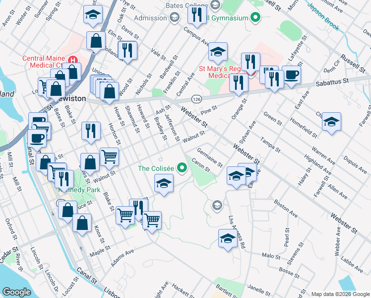 map of restaurants, bars, coffee shops, grocery stores, and more near 2 Caron Street in Lewiston