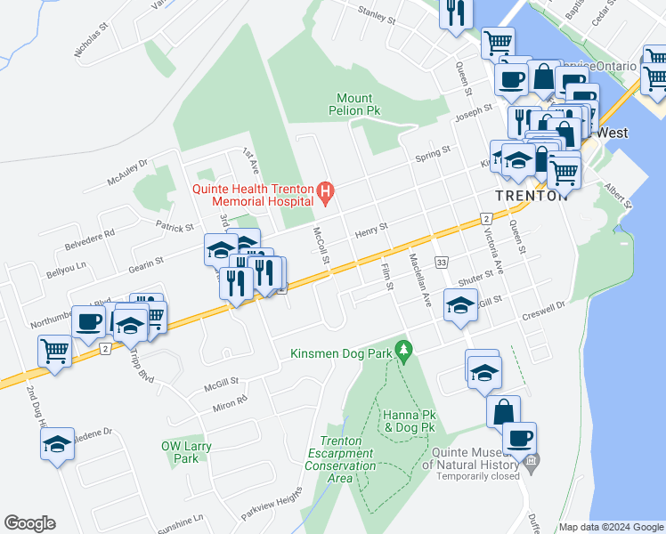 map of restaurants, bars, coffee shops, grocery stores, and more near 296 Dundas Street West in Quinte West