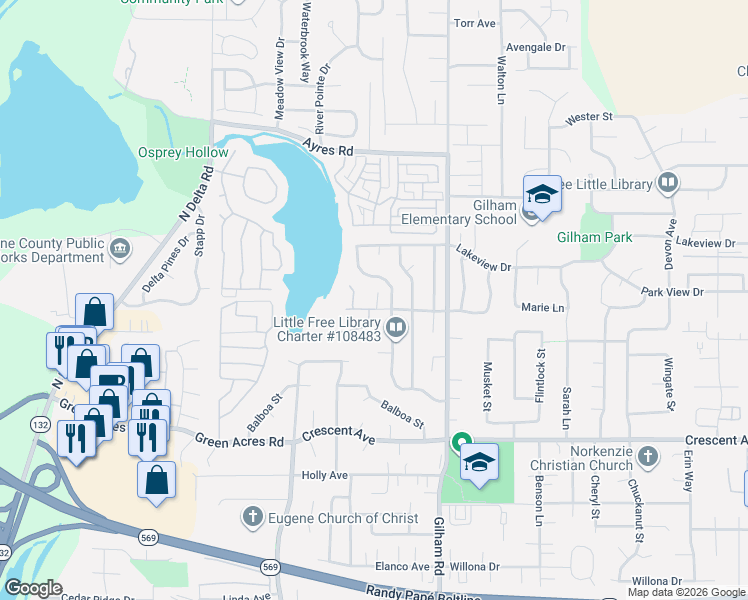 map of restaurants, bars, coffee shops, grocery stores, and more near 3102 Metolius Drive in Eugene