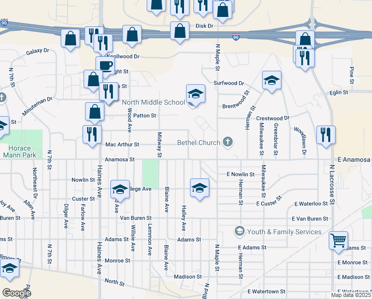 map of restaurants, bars, coffee shops, grocery stores, and more near 122 Anamosa Street in Rapid City
