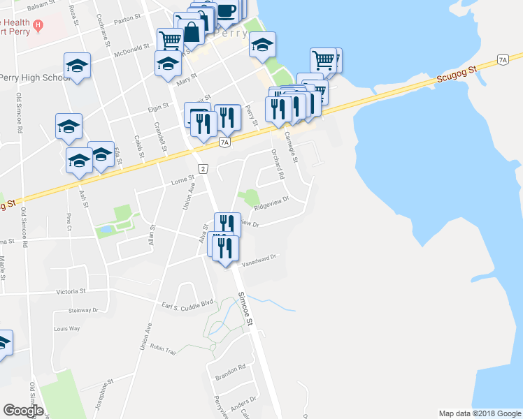 map of restaurants, bars, coffee shops, grocery stores, and more near 5 Ridgeview Drive in Port Perry