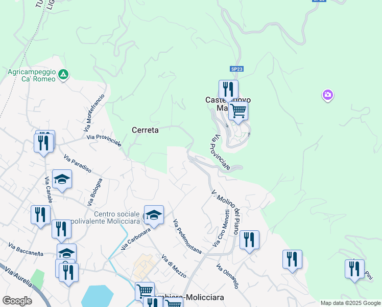 map of restaurants, bars, coffee shops, grocery stores, and more near 209 Via Provinciale in Provincia della Spezia