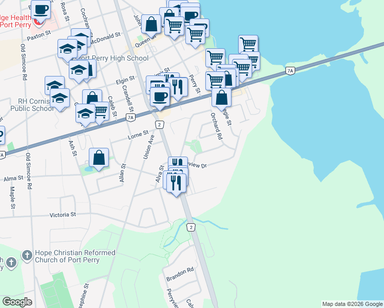 map of restaurants, bars, coffee shops, grocery stores, and more near 5 Ridgeview Drive in Port Perry